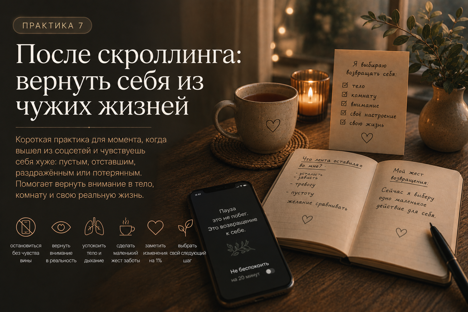 После скроллинга: вернуть себя из чужих жизней — иллюстрация к практике